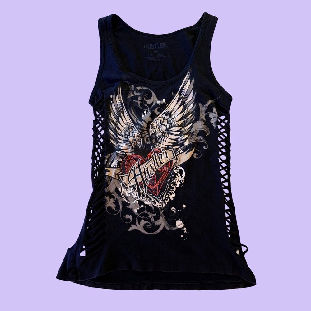 Y2K Hustler Hardcore Graphic Tank Top Cutout Sides Scene Emo #19